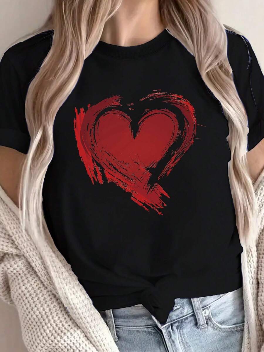 Heart Print Crew Neck T-Shirt, Casual Short Sleeve Top For Spring/Summer, Women's Clothing - Unisex Urban Vintage Style Loose Fit Cotton Short Sleeve Crew Neck T-Shirt - 黑色 - 查看 1