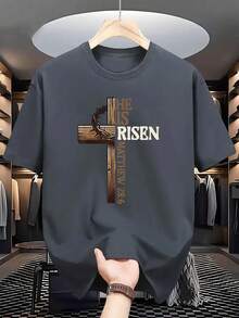 1 Neutral Christian Design T-Shirt - Cross And Crown Design With The Phrase "He Has Risen", With The Biblical Quote Matthew 28:6, Regular Fit, Round Neck, Adult Summer Casual Wear, Machine Washable, Comfortable For Daily Use, Opaque Material. - Black - View 11
