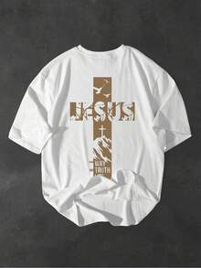 T-Shirt With Jesus Cross Print - Faith Theme - 100% Cotton With Latin Prayer Text And Medal Print, With Benedictine Elements - Catholic Religious Gift, - Available In Sizes S-2XL, 's Day Gift, Suitable For Casual Daily Wear And Outdoor Activities. - 白色 - 查看 4