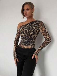 Body de manga larga con hombros transparentes y estampado de leopardo para mujer - Multicolor 2 - Ver 5