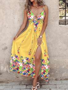 Women's White Dress With Black Tropical Leaf Print, V-Neck With Ruffles, High Leg Cut With Slit, Thin Straps, Lightweight Fabric Ideal For Beach, Summer Vacation And Pool Parties, Boho Chic And Sexy Style - 彩色 - 查看 3