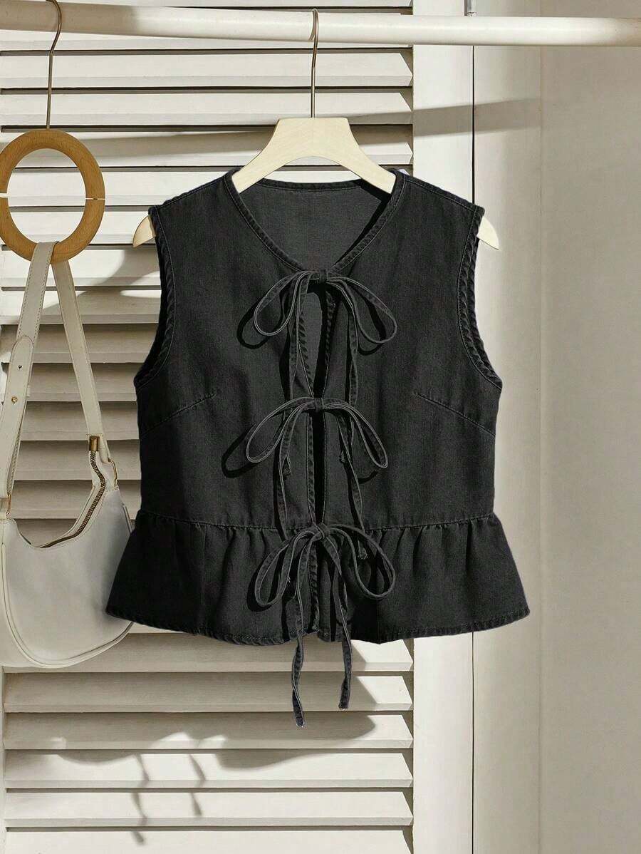 Chaleco casual de mezclilla con lazo, volantes en el bajo, color azul, para mujer - Negro - Ver 1