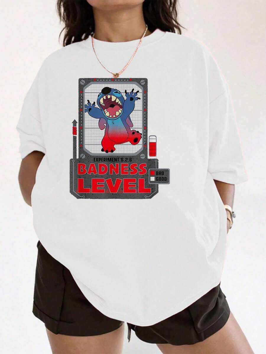 Fun Graphic Showing A Smiling Blue Character Raising Its Mischievous Level With Positive Energy, Indicating The Duality Between Good And Evil, Symbolizing Freedom And Modern Humor. Comfortable Casual Women's T-Shirt For Everyday Wear. - White - View 1