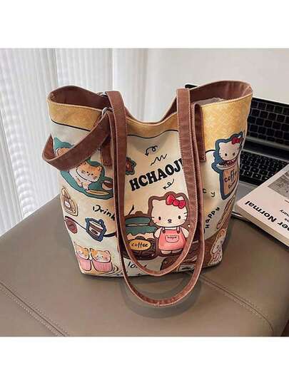 SANRIO 1 pieza Bolso de lona con estampado de gato de dibujos animados y Hello Kitty, bolso de hombro con cierre magnético de gran capacidad, bolso casual coreano para ir y venir, material de lona gruesa y resistente, resistente a los arañazos, correa ancha que reduce el dolor de hombro, cierre magnético a presión que evita que se caigan los artículos, cabe una computadora portátil de 14 pulgadas, botella de agua, paraguas, cosméticos y otras necesidades diarias, bolso multiusos adecuado para el trabajo, la escuela, las compras, los viajes y otras ocasiones
