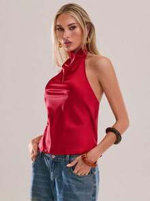 Parte superior de mujer de unicolor con escote pronunciado y espalda descubierta, top de mujer, blusa blanca de mujer, blusas y tops de mujer Xrlq9, ropa de mujer, camisetas de mujer, top de verano - Rojo - Ver 6