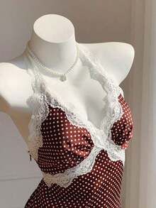 Top halter sin espalda con parches de lunares y encaje para mujer - Marrón - Ver 7