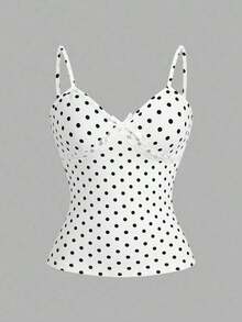 Camiseta ajustada de mujer con estampado floral, encaje de contraste y lazo decorativo, estilo casual de campo y vacaciones de verano - Blanco - Ver 1