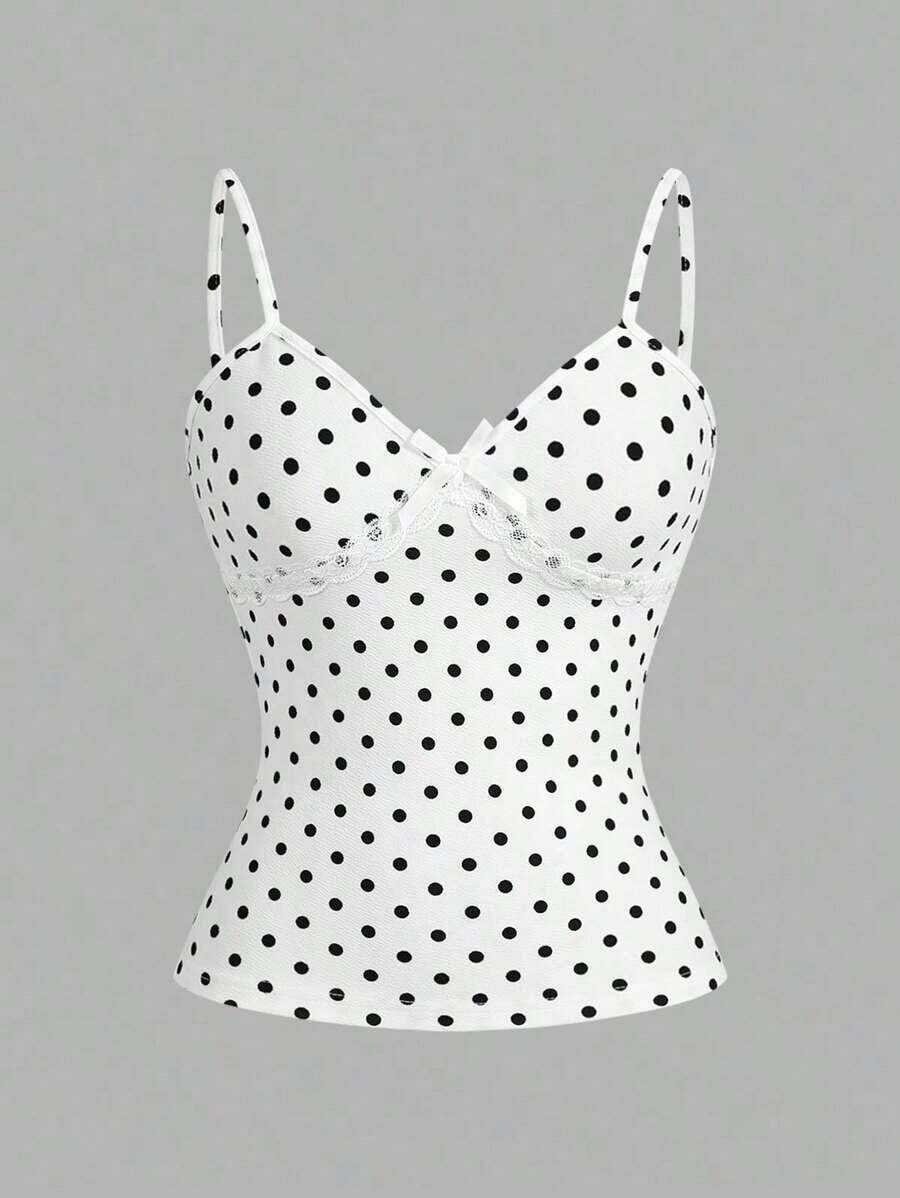 Camiseta ajustada de mujer con estampado floral, encaje de contraste y lazo decorativo, estilo casual de campo y vacaciones de verano - Blanco - Ver 1