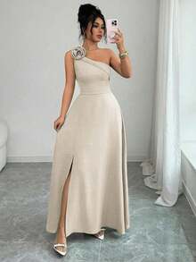 YHHElenzga Vestido largo sin mangas verde con decoración floral en los hombros, cintura ajustable, falda en línea A con abertura, estilo vintage francés romántico y elegante, adecuado para ir al trabajo, negocios, playa, casual, versátil y sencillo, boda, Día de San Valentín, primavera/veranoYHH - Albaricoque - Ver 6