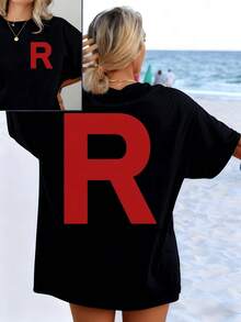 Large Letter R Symbolizing Strength, Energy And Renewal Printed On The Front And Back In Vibrant Contrast. Women's Double-Sided Casual T-Shirt For Summer, Beach And Everyday Wear - 黑色 - 查看 8