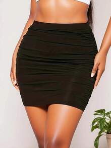 Minifalda ceñida fruncida, falda informal sólida Sexy, ropa de mujer - verde - Ver 3