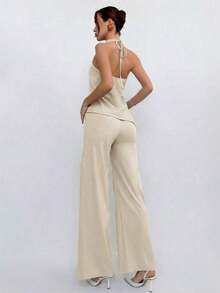 Conjunto de top halter y pantalones de color café claro, estilo sencillo para ir al trabajo - Beis - Ver 2