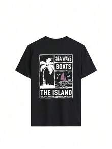 Women's Casual Short-Sleeved T-Shirt With A Round Neck, Palm Tree And Letter Print, Ideal For Summer. Versatile And Fashionable For Everyday And Vacation Style. Graphic Blouses For Women In White, Black, And Pink. - 黑色 - 查看 3