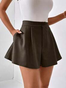 Shorts de pierna ancha unicolor con bolsillo oblicuo - Café integral - Ver 1