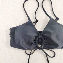 Traje de baño de dos piezas con lazo en el cuello y diseño de color sólido multicolor, bikini femenino. - Negro - Ver 3