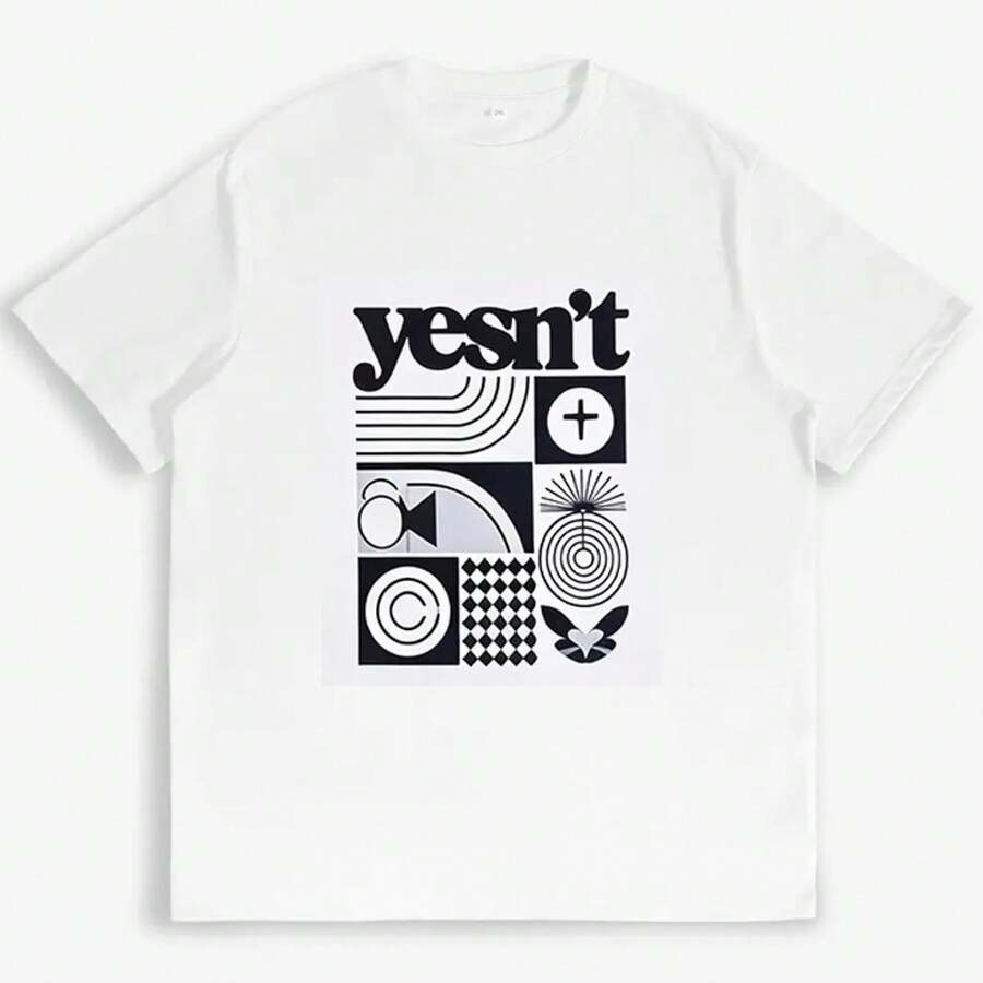 Minimalist Oversized T-Shirt In Black And White With "Yesn't" Graphic Print, Retro Modern Abstract Casual Comfortable For Everyday Wear By Women - 白色 - 查看 1