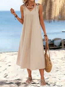 Vestido largo de verano de mujer con cuello en V sin mangas y hebilla circular de unicolor, vestido casual de verano, vestido de playa casual, vestidos de verano para mujer, atuendos de verano para mujer, vestidos casuales para mujer, vestidos de - Caqui - Ver 5