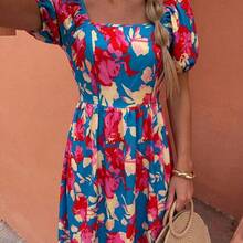 Elenzya Floral Print Waist Defined Puff Sleeve Square Neck Women Dress - Amarillo - Ver 2