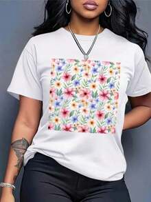 Camiseta con Estampado Floral de Inspiración Vintage Wo| Loose Fit Casual Streetwear Top con cuello redondo, manga corta, diseño floral multicolor pastel en blanco, comodidad de toda la tempor, lavable en máquina - Blanco - Ver 1