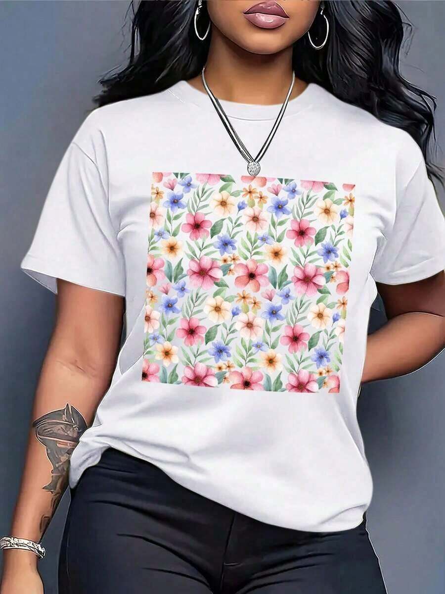 Camiseta con Estampado Floral de Inspiración Vintage Wo| Loose Fit Casual Streetwear Top con cuello redondo, manga corta, diseño floral multicolor pastel en blanco, comodidad de toda la tempor, lavable en máquina - Blanco - Ver 1