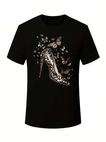 1 pza Playera de Manga Corta para Mujer Talla Extra, Cuello Redondo Casual, Estampado Geométrico de Tacón Alto y Mariposa, Tejido de Punto de Poliéster con Diseño Asimétrico, Elástico Medio, Colección Primavera/Verano - Negro - Ver 3
