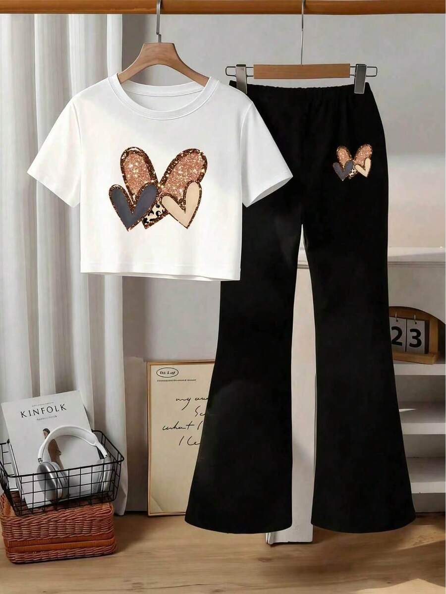 2pcs/Set Girls Heart Print Short Sleeve T-Shirt And Pants Set, Casual & Fashionable, Suitable For Children And Girls - White - View 1