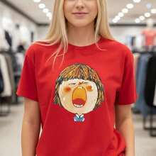 Camiseta de algodón puro de talla grande para mujer con estampado de chica de dibujos animados abstractos, cuello redondo, manga larga, estilo casual, corte holgado, diseño gráfico, tallas S-5XL, tela suave y transpirable, moda para uso diario, diseño artístico, adecuada para primavera, verano y otoño. - Rojo - Ver 7