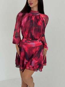 YHHAloruh Vestido de manga larga ajustado con silueta de paraguas para mujer, nuevo para otoño/invierno, para uso casual/citas/salidas/maestras, vestido romántico con estampado de teñido anudado en púrpura y cuello alto con lazo en la cinturaYHH - Morado - Ver 11