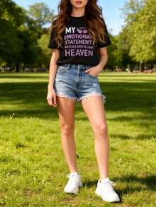 T-Shirt With An Emotional Statement Print, "My Mother Watches Over Me From Heaven," A Fashionable And Comfortable Women's Short-Sleeved T-Shirt With A Round Neck, Machine-Washable Material, Suitable For Casual Outdoor Wear In All Seasons - [白色的] - 查看 7