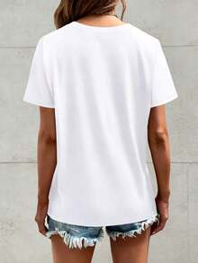 Camiseta de algodón con estampado Happy Hallothanksmas para mujer, talla grande, cuello redondo, manga corta, corte holgado, camiseta gráfica navideña para tallas M-5XL. Adecuada para primavera, verano y otoño. - Blanco - Ver 2