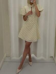 Vestido corto primavera 2026, lunares con mangas farol y cintura ajustada elegante - Beis - Ver 6