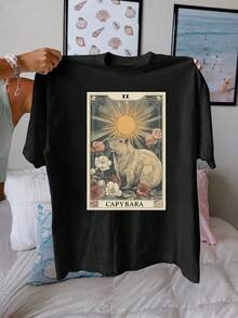 Unisex Short-Sleeved T-Shirt, Capybara Tarot Card Graphic Print T-Shirt, Casual Short-Sleeved Round Neck Top For Summer And Spring, Men's T-Shirts, , Women's, Romwe Men, Boho Chic, Gifts For Teachers, Women's T-Shirt, Curvy Outfits For Men, Y2k. - 黑色 - 查看 1