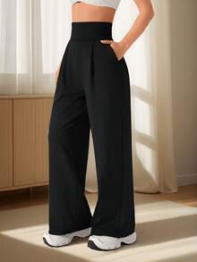 Women's Black Polyester High Stretch Wide Leg Long Pants For Casual & Party Wear, Stylish And Comfortable Fashion Trousers. - 黑色 - 查看 6