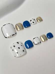 10 PCS Móng tay dán thủ công có thể tháo rời, móng chân chân thực, thiết kế độc đáo, màu xanh trắng vàng champagne, họa tiết vẽ tay, phụ kiện làm móng mùa hè, phong cách tối giản Y2K cảm giác cơ khí, kèm miếng dán keo dán móng cho nữ và bé gái - Nhiều màu - Xem 14