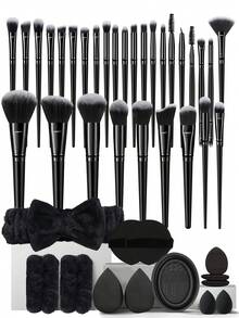 43pcs Complete Makeup Brush & Beauty Sponge Set, Soft Synthetic Brushes For Foundation, Eyeshadow, Blush & Powder, With Cleaning Pad, Professional Makeup Tools For Beginners & Pros - Black - View 1