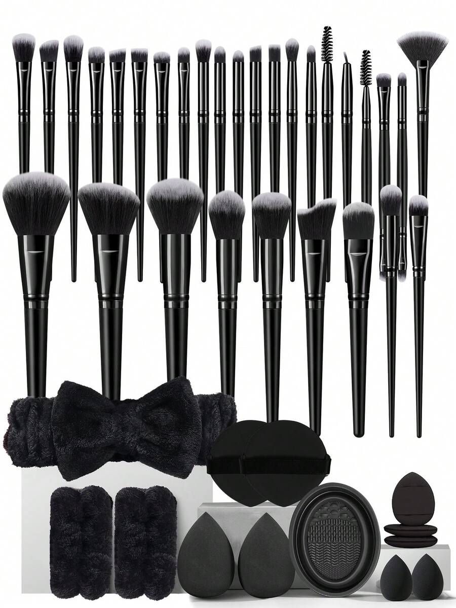 43pcs Complete Makeup Brush & Beauty Sponge Set, Soft Synthetic Brushes For Foundation, Eyeshadow, Blush & Powder, With Cleaning Pad, Professional Makeup Tools For Beginners & Pros - Black - View 1