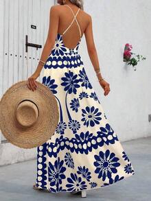 Vestido casual de línea A con estampado completo, escote cruzado y espalda descubierta, para primavera y verano, para vacaciones de mujer - Azul marino - Ver 2