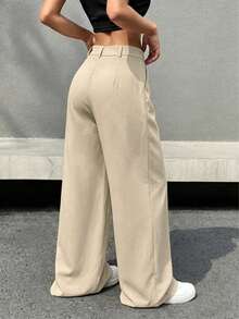 Women's Solid Color Pleated Elastic Waist Wide Leg Pants - Khaki - View 2