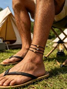 3pcs Minimalist Heart Pendant Anklet Set For Men, Suitable For Daily Wear, Beach, Vacation, Summer Accessories - Black - View 2