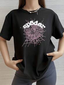 Purple Spiderweb Symbolizing The Connection Between Patience And Inner Strength, Representing A Network Of Positive Energy And Protection. Modern And Comfortable Women's T-Shirt For Everyday Wear. - Black - View 1