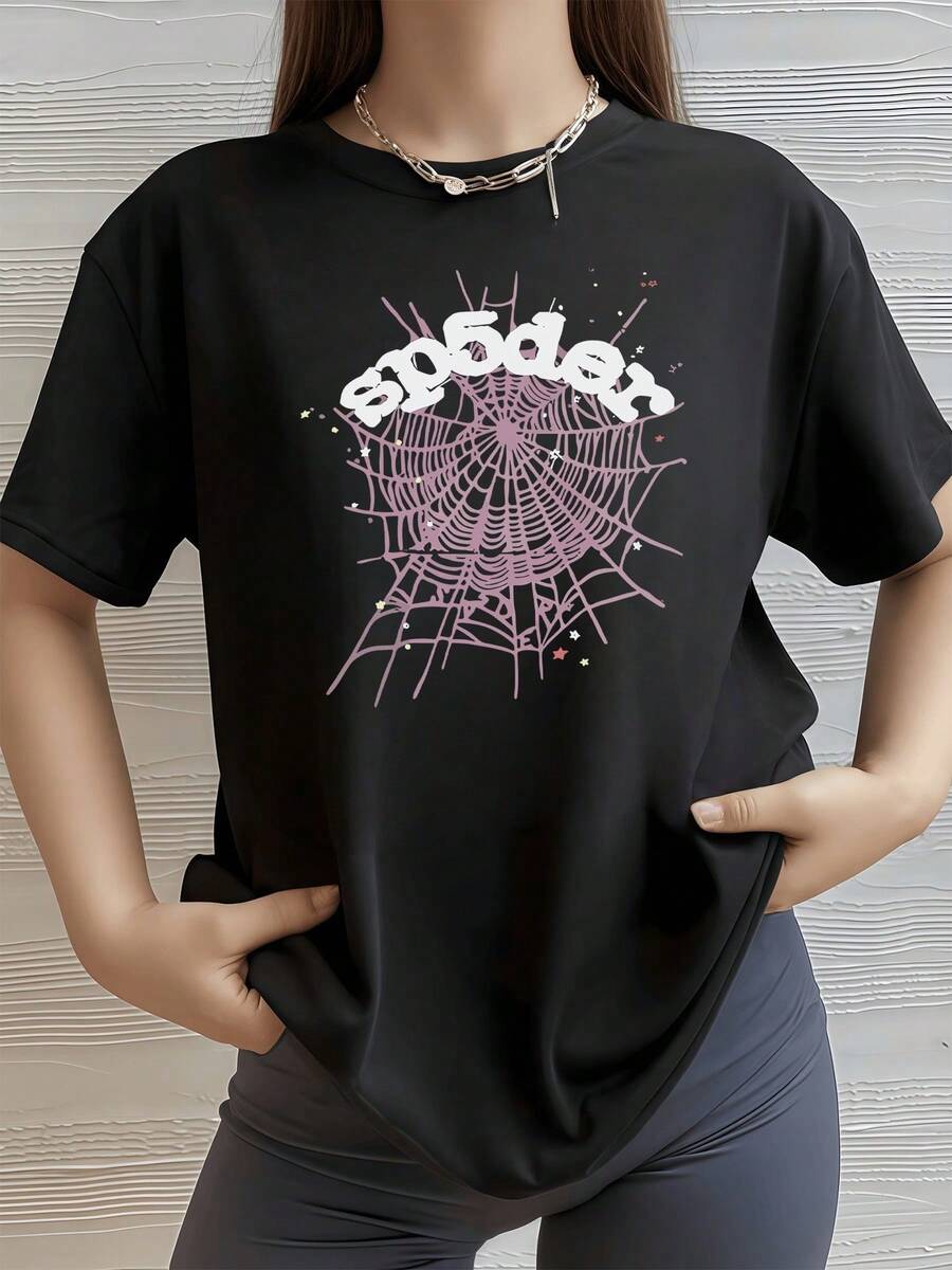 Purple Spiderweb Symbolizing The Connection Between Patience And Inner Strength, Representing A Network Of Positive Energy And Protection. Modern And Comfortable Women's T-Shirt For Everyday Wear. - Black - View 1