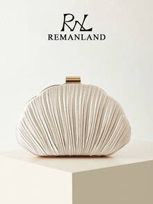 REMANLAND 褶皱缎面设计盒形晚宴手拿包、宴会包、正式礼服包、舞会礼服手提包、链条包、婚礼钱包、婚礼、粉色、派对包、婚礼用品 - 杏色 - 查看 8