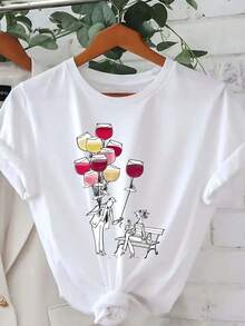 Women's Graphic T-Shirt White Wine Lover - Casual Short Sleeve Round Neck Blouse For Summer With Wine Glass And Grapes Print, Machine Washable, Spring/Summer Blouse For Wine Tastings, Parties And Casual Outfits, Party Clothes, Lightweight Material, Comfortable Fit, Printed T-Shirt, For Wine Lovers. - 白色 - 查看 8