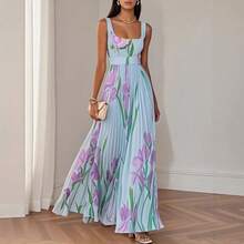 Women's Floral Print Pleated Long Dress With Straps European American Style Summer Casual Elegant Maxi Dress - 白藍色 - 查看 4