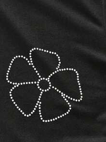 Camiseta corta casual con estampado floral para mujeres, primavera y otoño - Negro - Ver 4