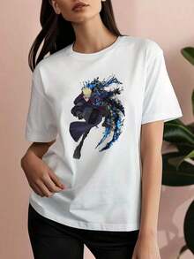 Women's Graphic T-Shirt With Themed Print, Round Neck, Short Sleeve, Casual Street Style, 100% Cotton, Soft Fabric, Short Sleeve - 白色 - 查看 7