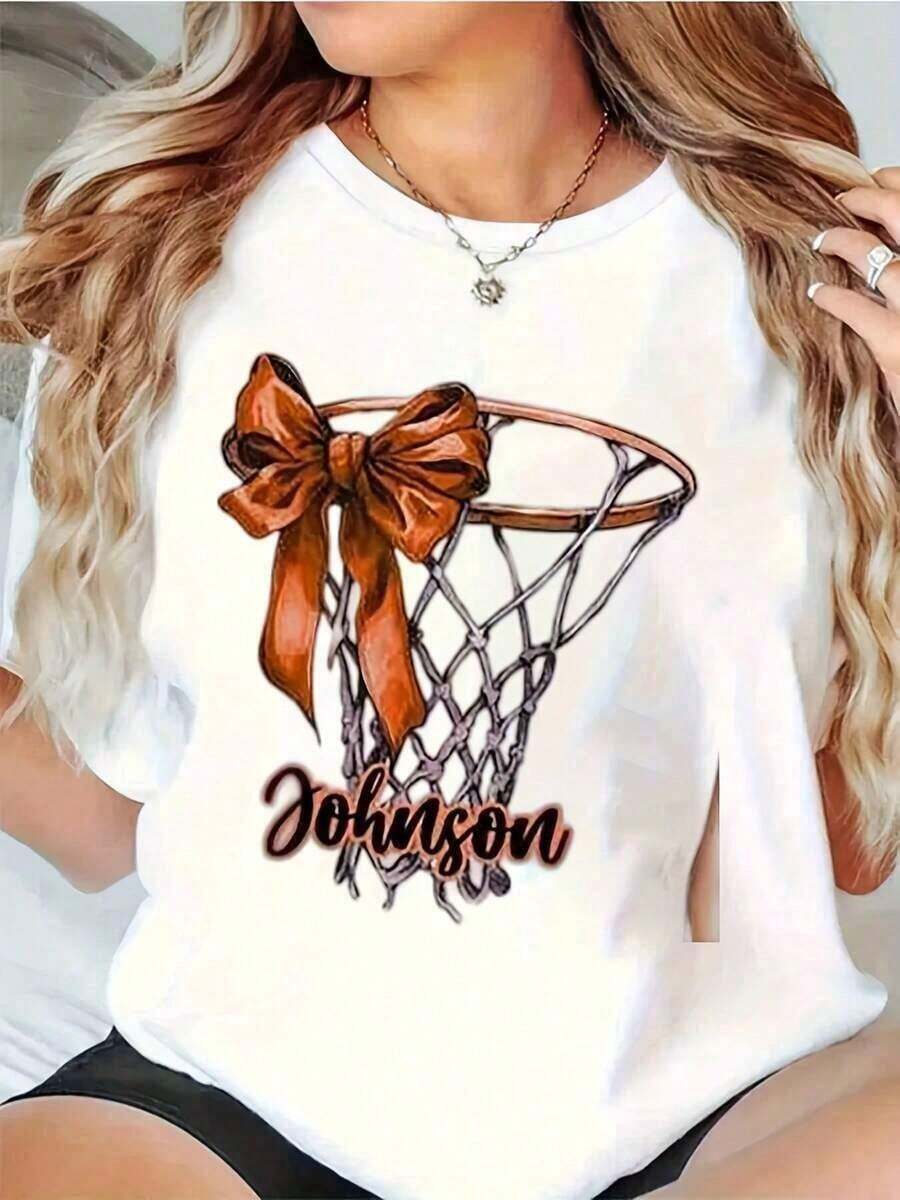 Basketball Print T-Shirt, Basketball Mom, Basketball Silhouette, Basketball Tee – Breathable And Comfortable For Everyday Wear Or Lounging – Ideal Gift For Friends And Family. Loose Fit, Casual And Versatile T-Shirt - 白色的 - 查看 1