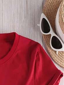 Summer 2026 Collection, Women's T-Shirt, Comfortable, Casual, Versatile, Elegant, Round Neck, Short Sleeve, Women's Top, Valentine's Day, Fluorescent Green Letter Print, 100% Cotton, Sizes S-7XL - 紅色的 - 查看 5