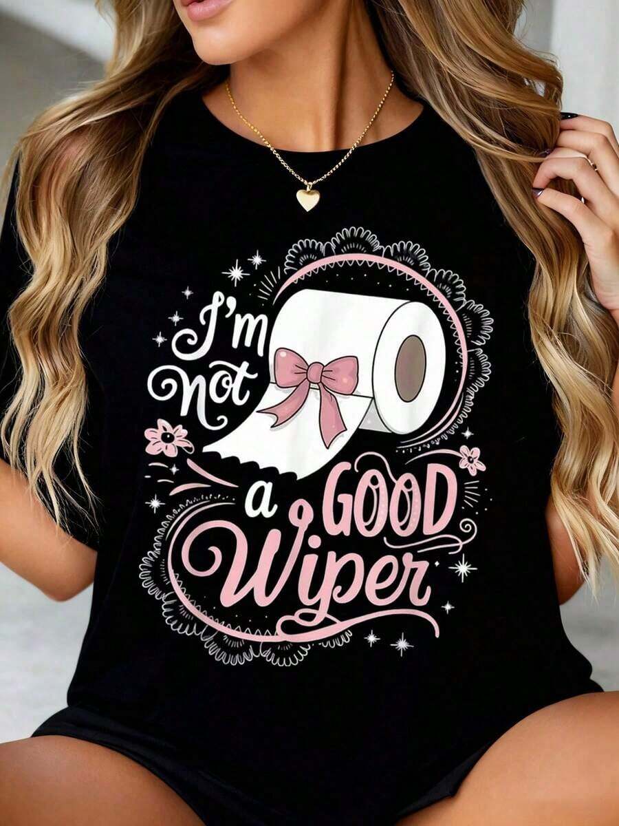 Women's Graphic T-Shirt With Toilet Paper Bow Design And The Phrase "I'm Not A Good Cleaner" - Funny Pink T-Shirt With Stars And Flowers Design, Perfect For Everyday Wear, Gifts Or Holiday Fun - 黑色 - 查看 1