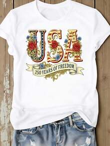 Women's Casual T-Shirt With A Floral Design Celebrating 250 Years Of American Independence, Perfect For Independence Day Celebrations. Also Available: Women's Short-Sleeve Graphic Tees For Easter, Mother's Day, And The 2026 World Cup. - 白色 - 查看 6